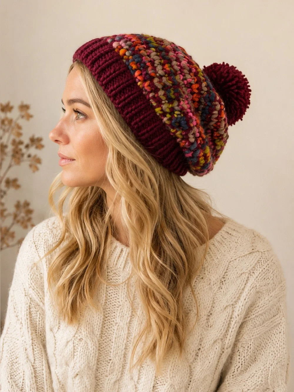 ACE USA Fashion Chunky Knit Pom Pom Beret Hat Alaska Reindeer Multicolored Pink